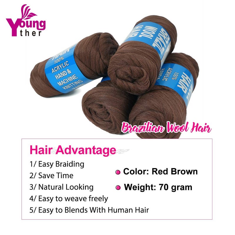 Youngther 100% Brazilian Wool Hair Acrylic Yarn for African Braids/Senegalese Twist/Faux Locs/Wraps and Crochet Hook(4 Roll, Red Brown) - Image 5